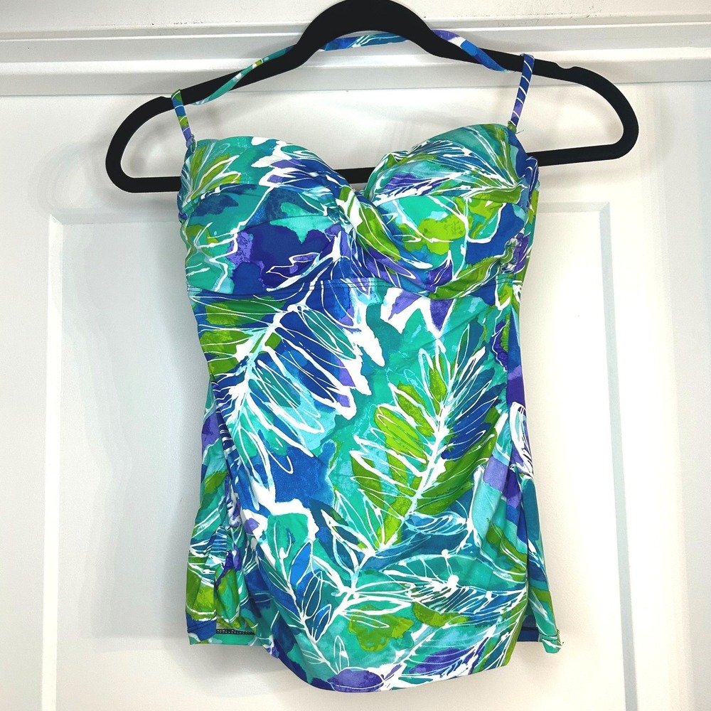 Lauren Ralph Lauren Blue Green Tropical Leaf Tankini Top Swim 6 Coastal Beach